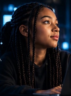 A student developing ideas at her laptop