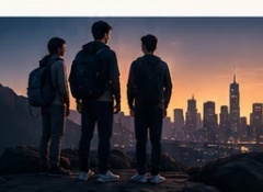 Students looking towards a city skyline at sunset