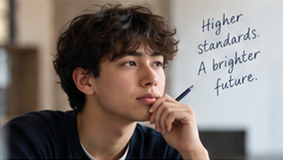 A student thinking with a pen in hand